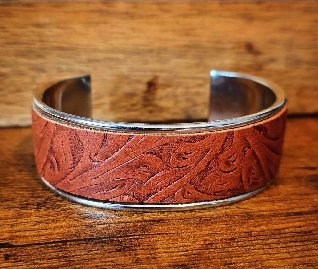 Tooled leather bangle